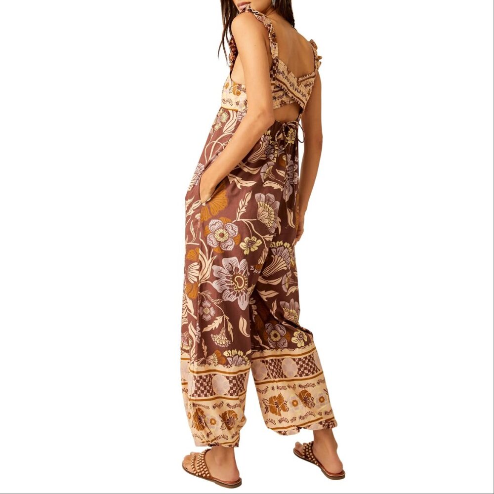 Free People Bali Albright Floral Cotton JUMPSUIT Size M Brown Coffee Combo NEW - Picture 5 of 13